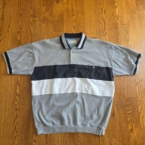 Vintage 80s Hukapoo Mens Gray Black White Striped Waffle Knit Polo Shirt Size L